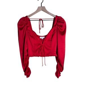 MABLE coquette girl red satin like crop blouse with tie details S